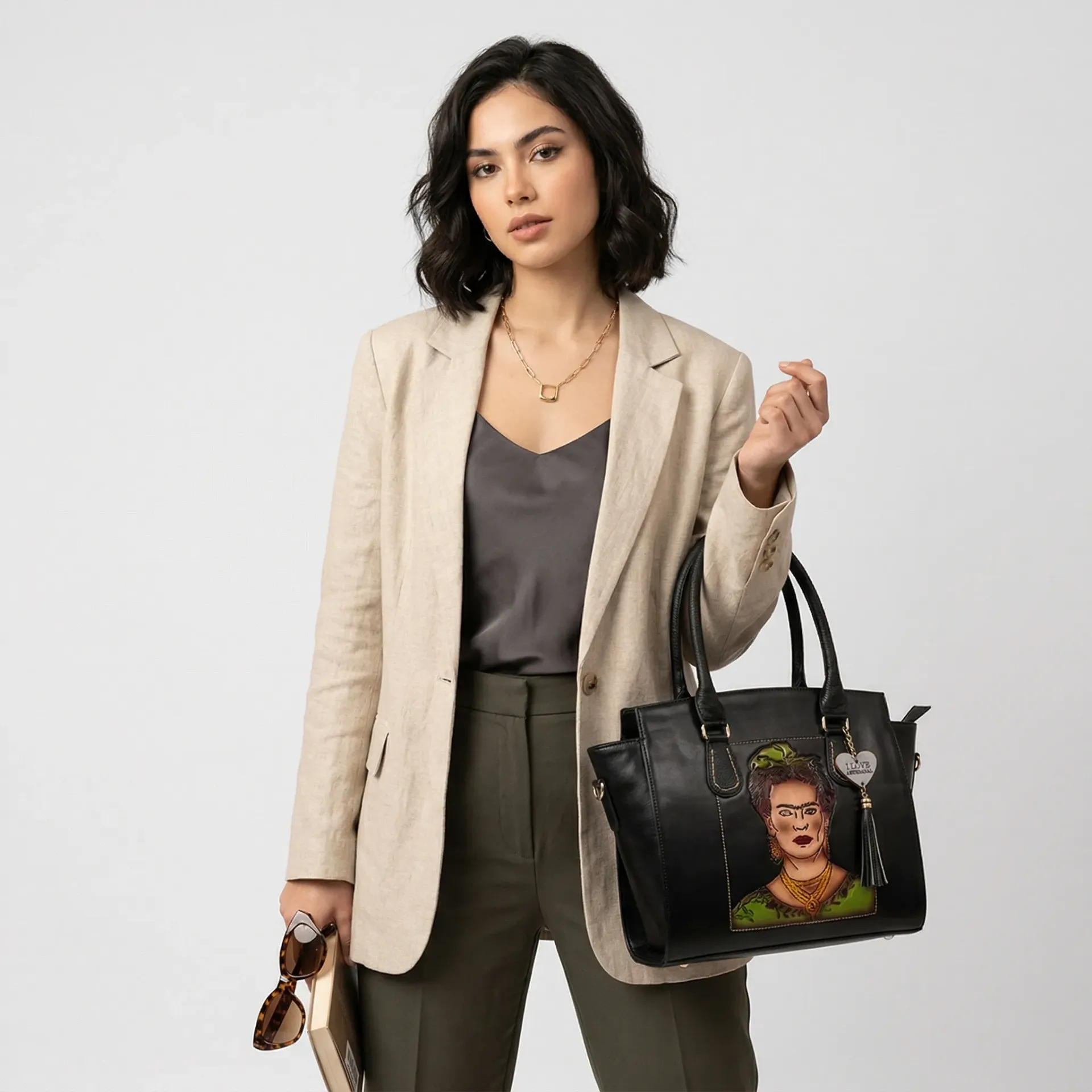 [B05VAAFFBNP] BOLSO VAQUETA ARTESANAL FERNANDA FRIDA BICOLORES NEGRO P