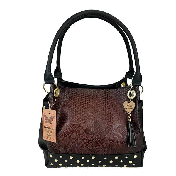 BOLSO VAQUETA ARTESANAL LUCHA FLORES CAFE NEGRO C