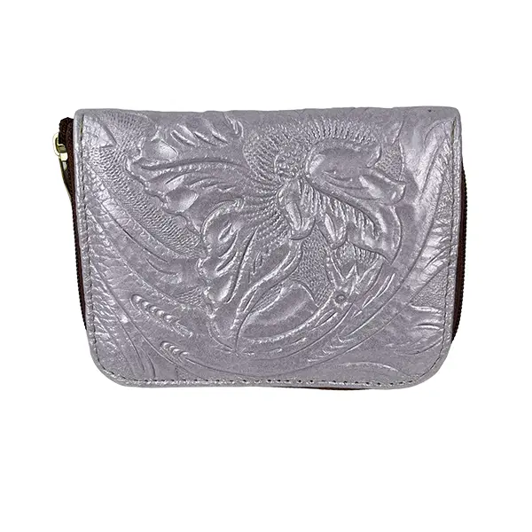 CARTERA PIEL UNICA FLORES LILA METALICO