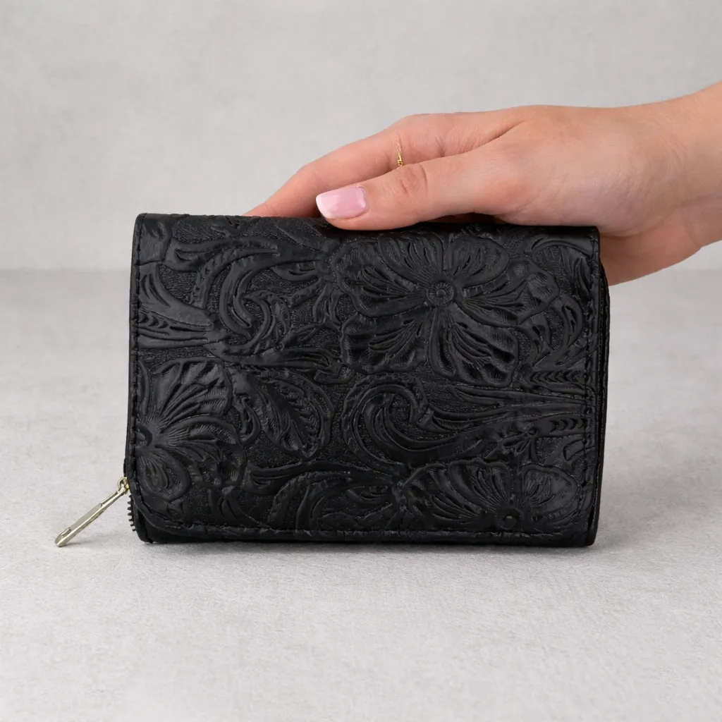 [C07UNFNEG] CARTERA PIEL UNICA (FLORES NEGRO)