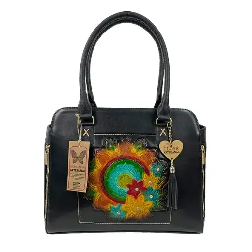 [B05VAALMBNJ] BOLSO VAQUETA ARTESANAL LORENA MANDALA BICOLOR NEGRO J