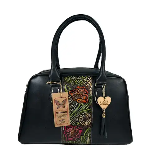[B05VAASFFBNG] BOLSO VAQUETA ARTESANAL SOL FRANJA FLORES BICOLOR NEGRO G