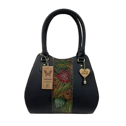 [B05VAAL2FFBN11] BOLSO VAQUETA ARTESANAL LUNA 2 FRANJA FLOR BICOLOR NEGRO 11