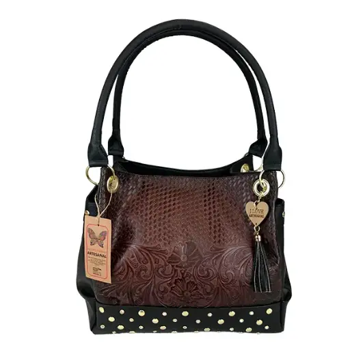 [B05VALUFCANE] BOLSO VAQUETA ARTESANAL LUCHA FLORES CAFE NEGRO C
